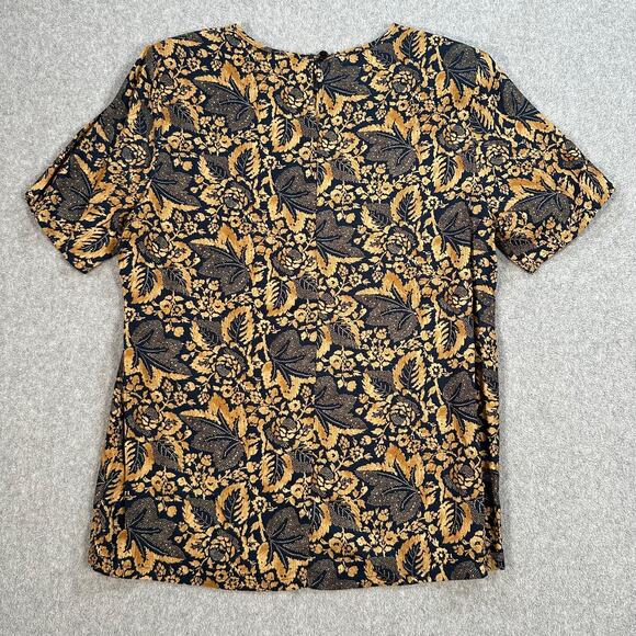 Vintage Villager Navy and Gold Blouse Women's Small Shoulder Pads Leaf Pattern - Picture 7 of 8
